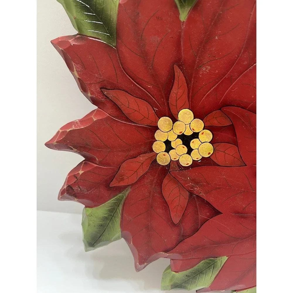 Christmas Collections Etc. Lazy Susan Wood Carved Hand Painted Poinsettia 14